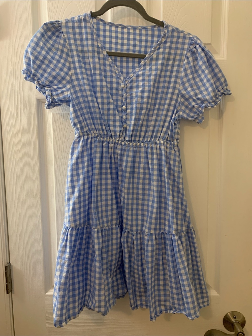 SHEIN Blue & White Gingham V-Neck Tiered Mini Dress